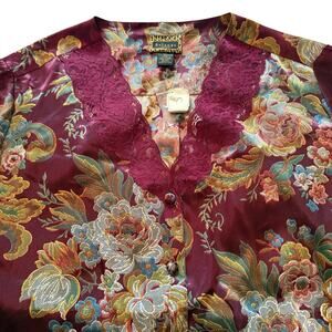NEW Solange Satin Sleep Shirt Floral Print Lace Trim Collar Maroon - Size 18/20